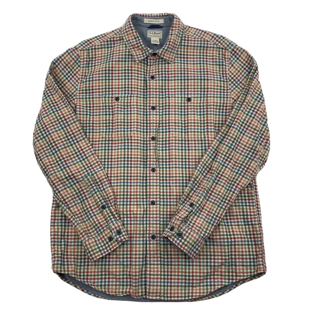 LL Bean Mens Slightly Fitted Check Long Sleeve Lined Heavy Button Up Shirt L
